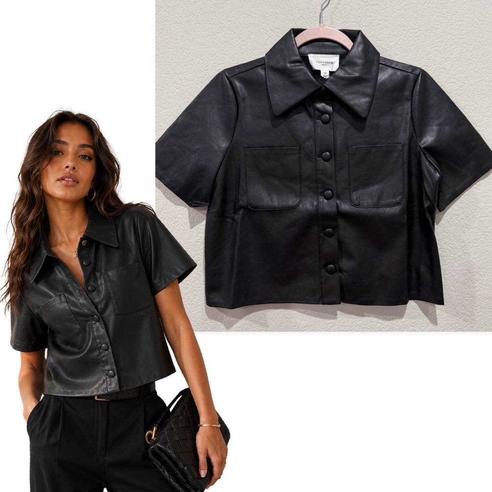 Tuckernuck Faux Leather Button Up Cropped Shirt Black XS Pockets Edgy Grunge NEW
